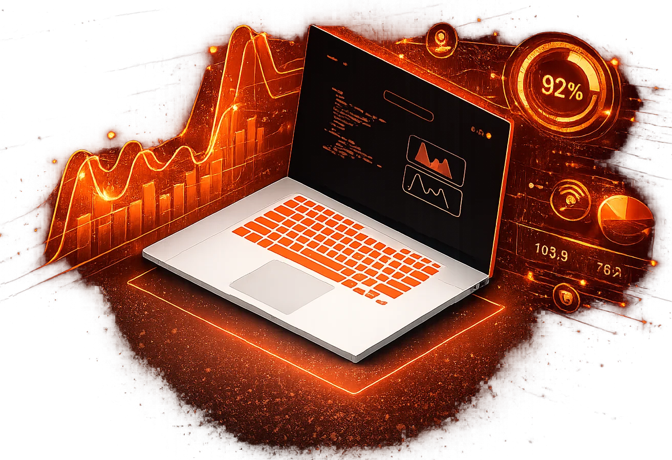 Advanced AI & Intelligent Business Systems dashboard visualization with dynamic data analytics, performance graphs, and AI automation insights displayed on a laptop screen.