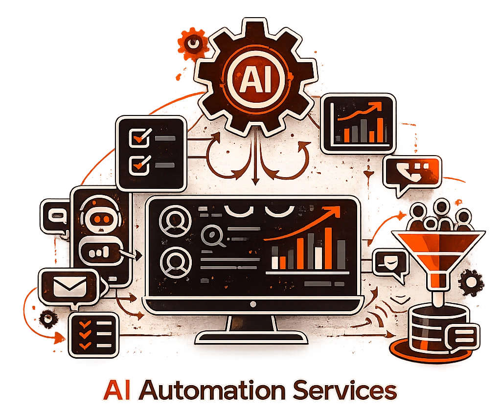 AI Automation Services dashboard showing workflow automation, lead generation, CRM integration, and business process automation by DR3AM Systems
