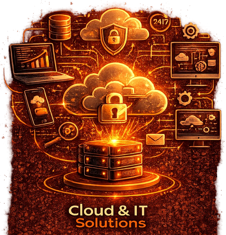 Cloud & IT Solutions services illustration showing secure cloud infrastructure, data servers, and IT system integration for business automation.