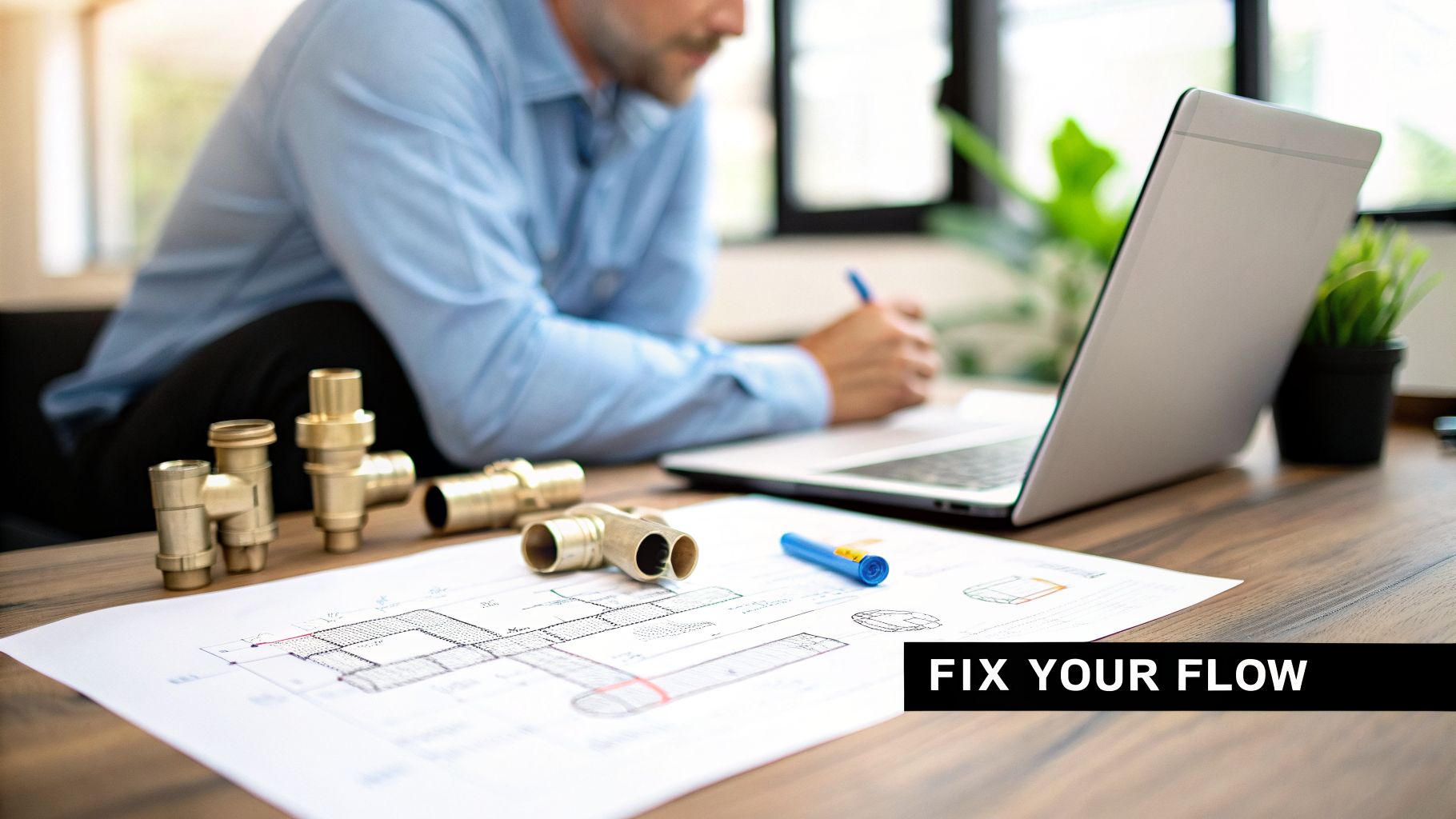 A man designs plumbing systems, with brass fittings, blueprints, and a laptop on a wooden desk.