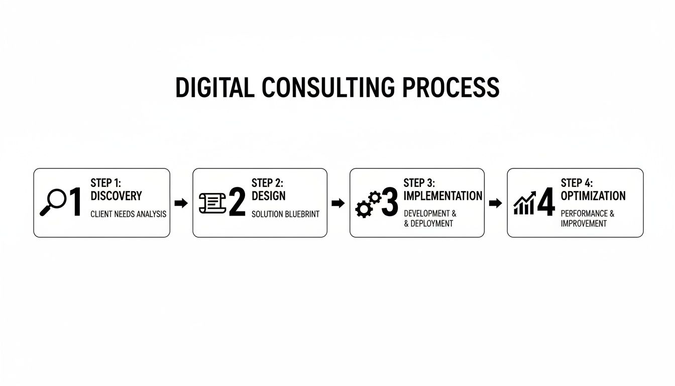 A four-step digital consulting process flow: Discovery, Design, Implementation, and Optimization.