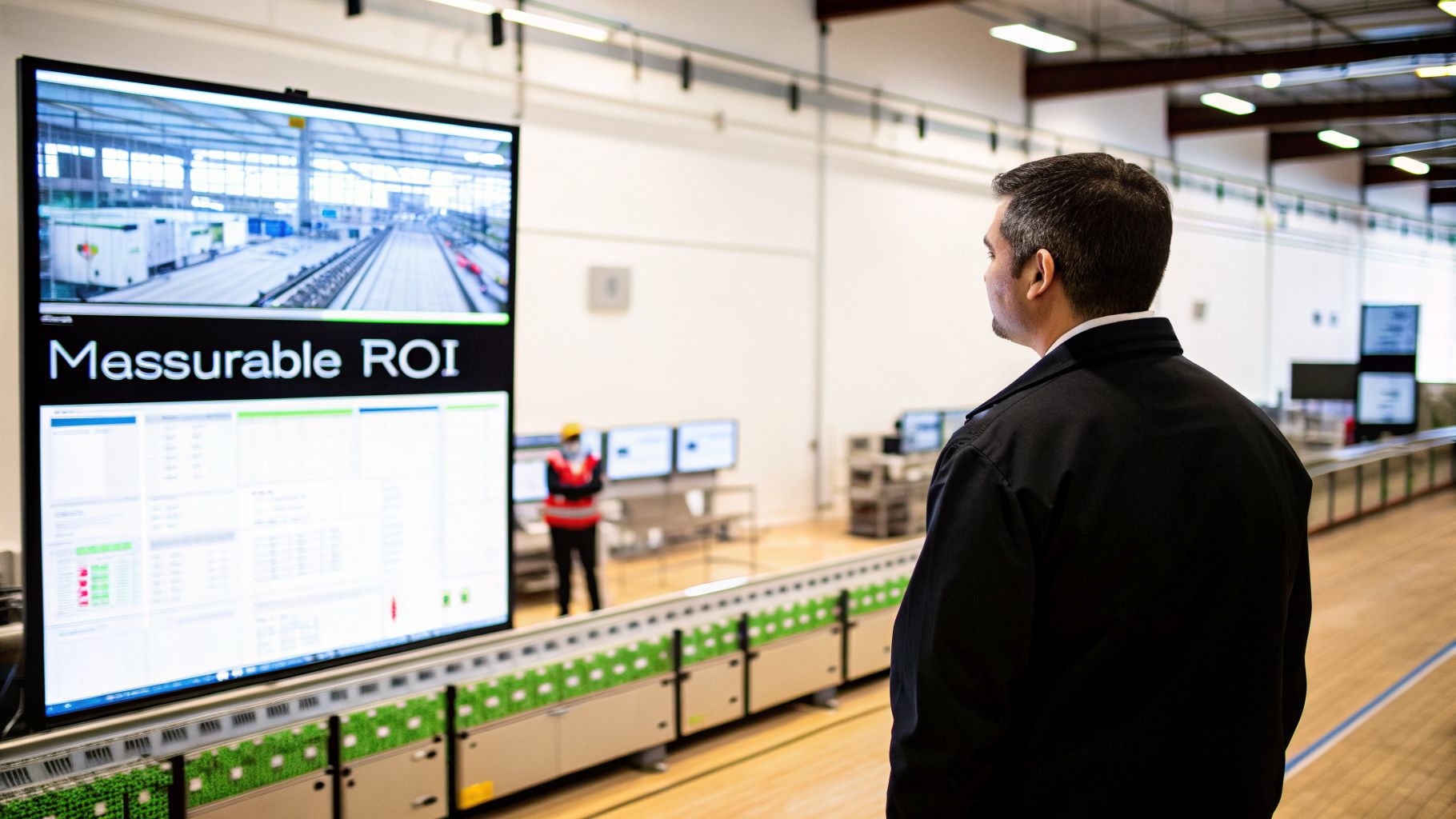 Back view of a man in a black jacket watching a large digital display showing "Measurable ROI" and industrial footage.