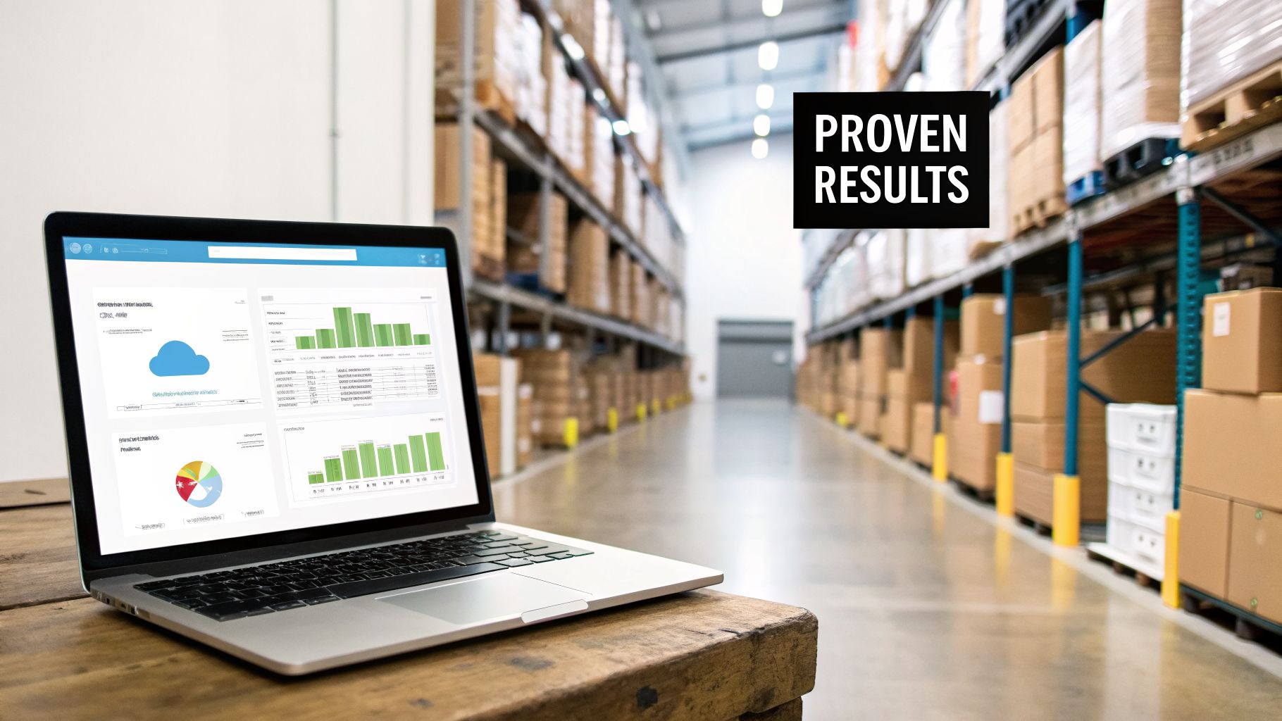Laptop displaying data dashboards and cloud icon on a wooden table in a warehouse with stacked boxes.