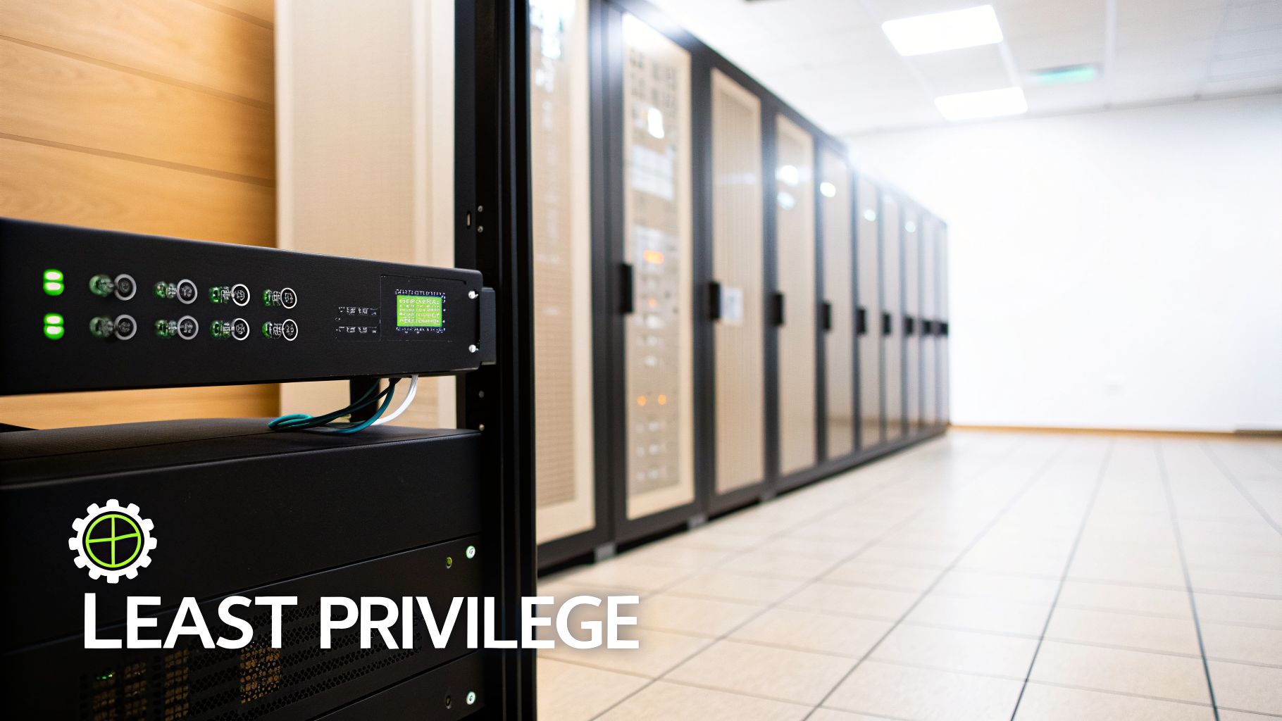 A close-up of a server rack with green lights and a display in a data center, promoting 'Least Privilege'.