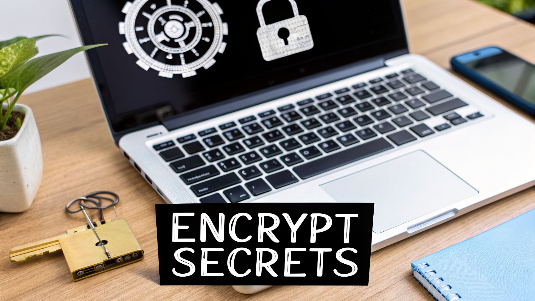A laptop displaying security icons and a physical key on a desk, with the text 'ENCRYPT SECRETS'.