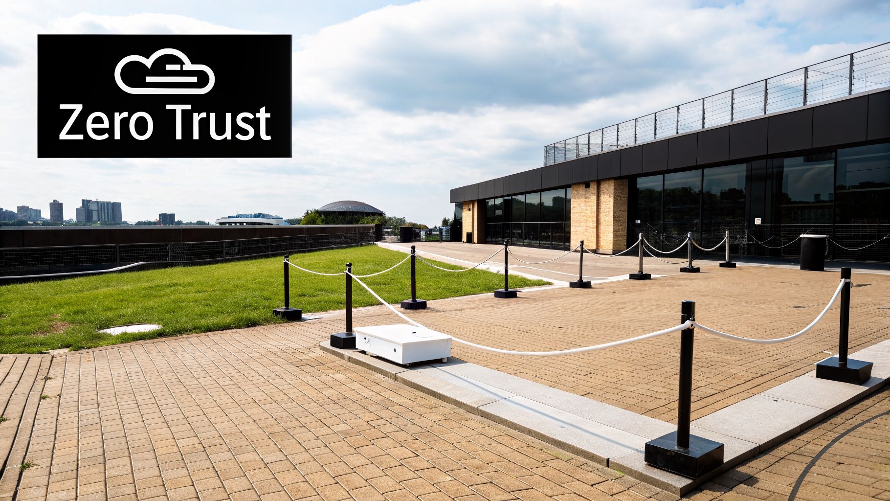 A rooftop area with a modern building, paved ground, and grass, featuring a prominent 'Zero Trust' logo.