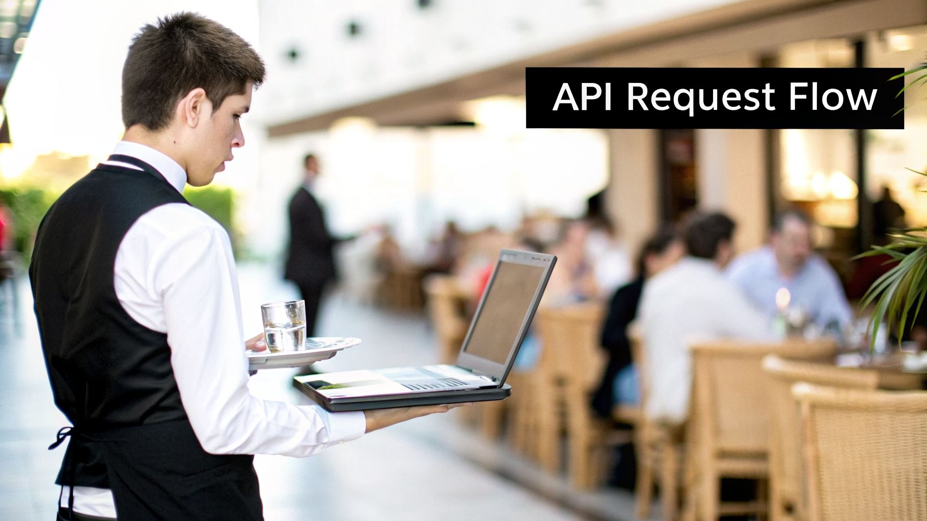 A waiter in a restaurant carries a tray with a glass of water and an open laptop, labeled "API Request Flow".
