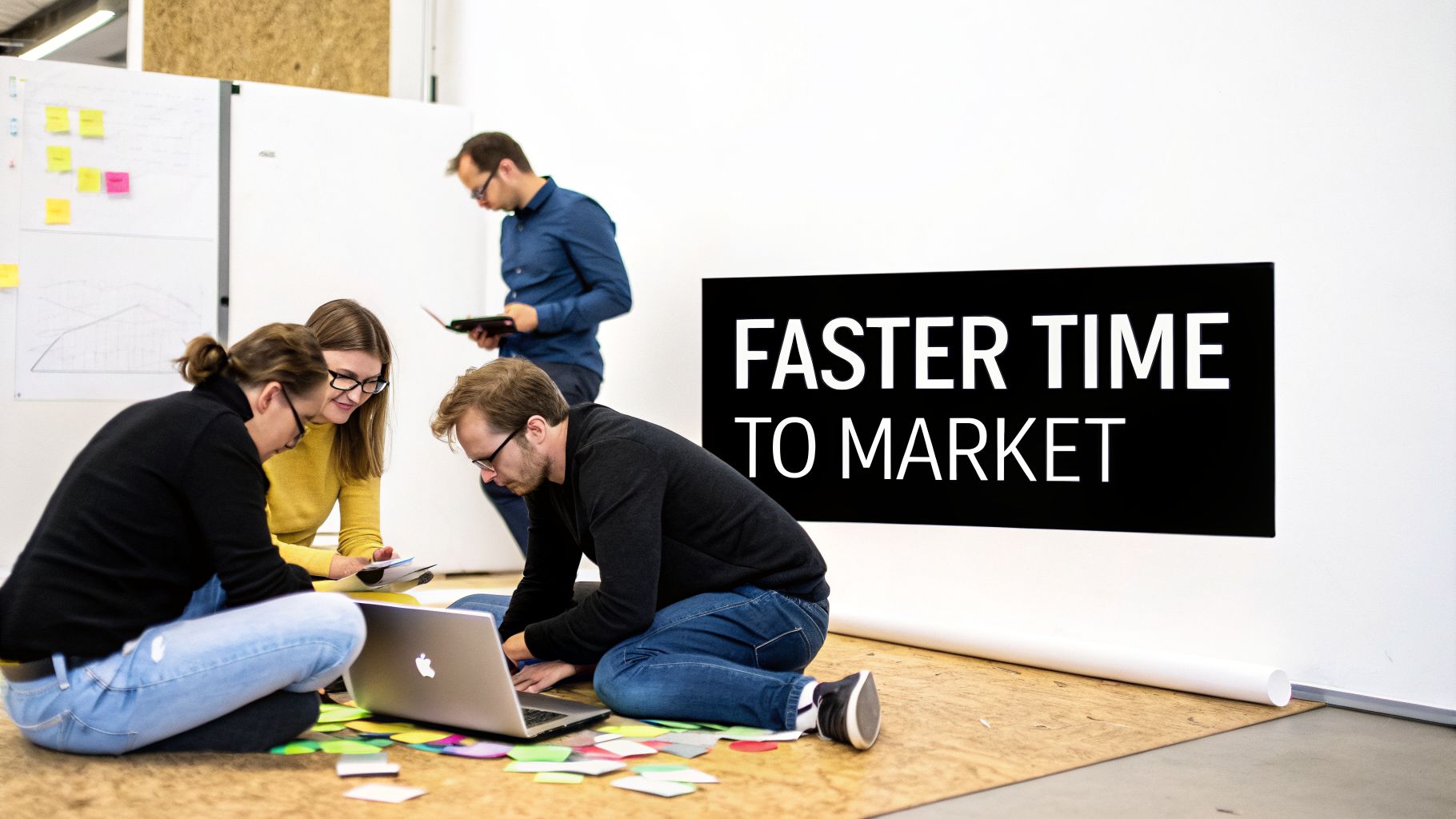 Four professionals collaborate on a project with a laptop and sticky notes, aiming for 'Faster Time to Market'.