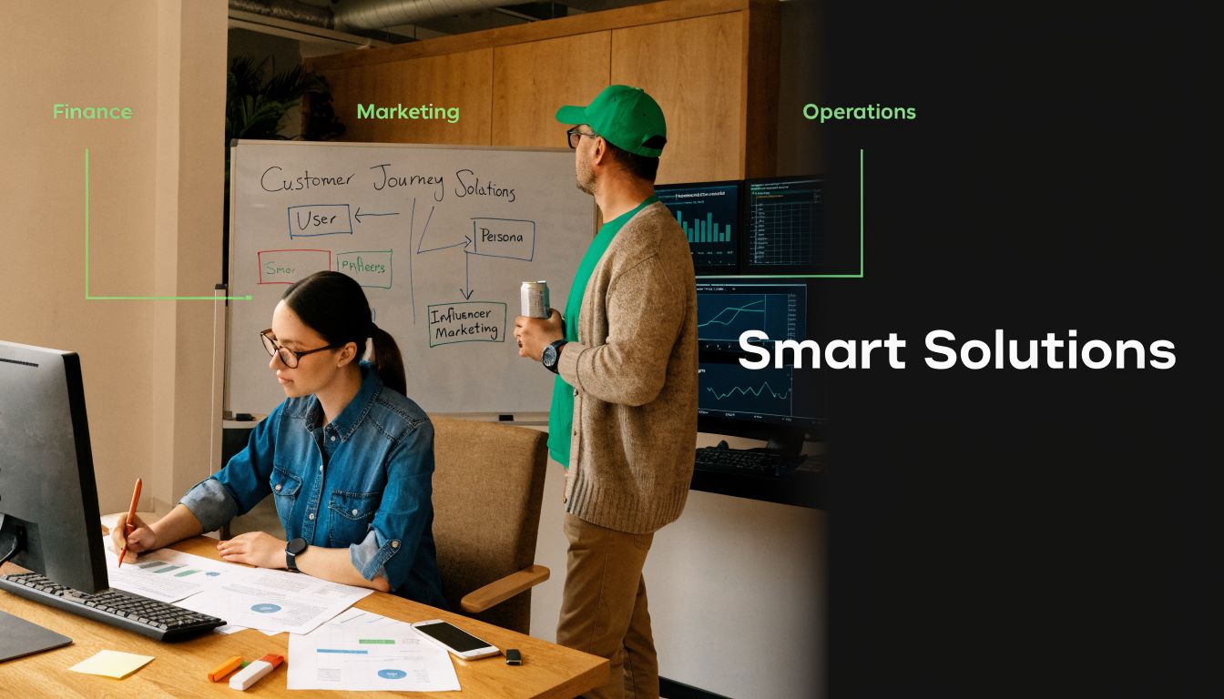 A professional team collaborating on business strategies with charts, whiteboard planning, and digital analytics in an office.