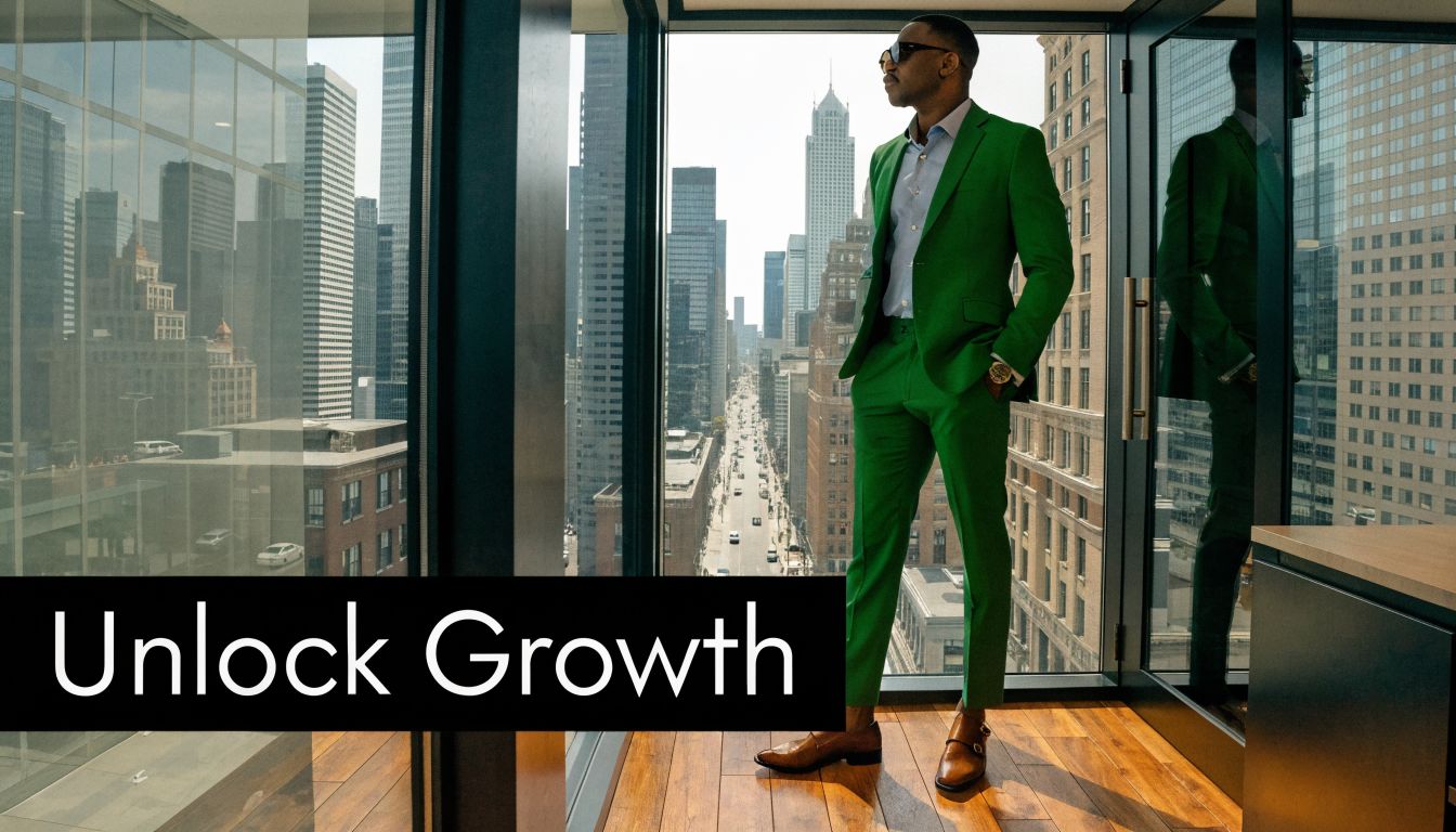 A successful businessman in a bright green suit looking out of a skyscraper window at the city.