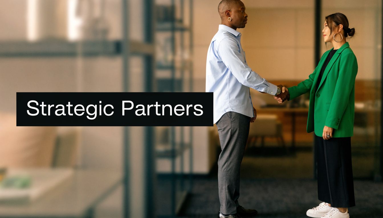 A man and woman in business attire shaking hands in a modern office with the text Strategic Partners.