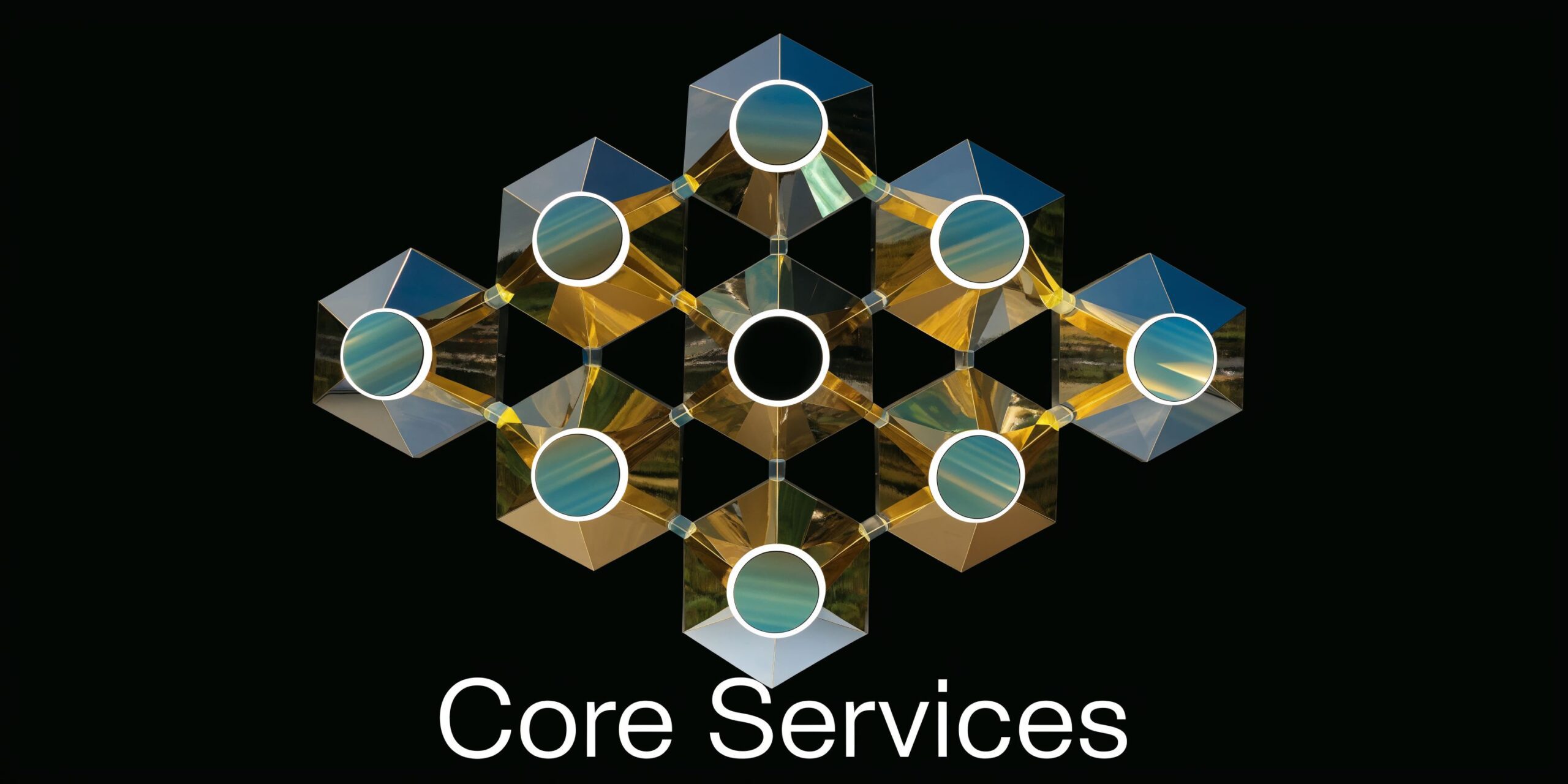 A 3D metallic geometric structure with glowing circular centers representing core services against a black background.