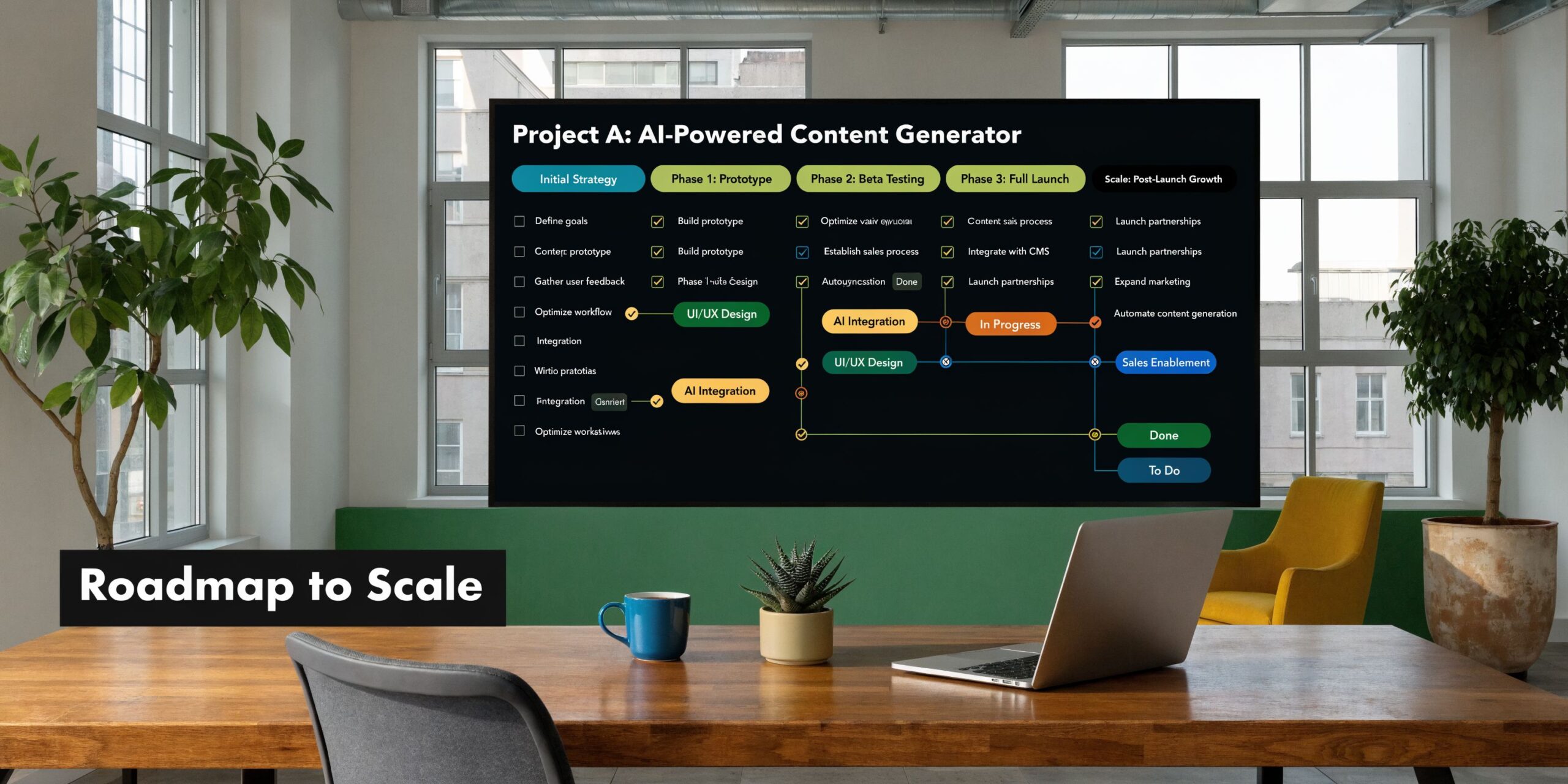 A digital project roadmap board displayed on a modern office wall showing AI-powered content generator development phases.