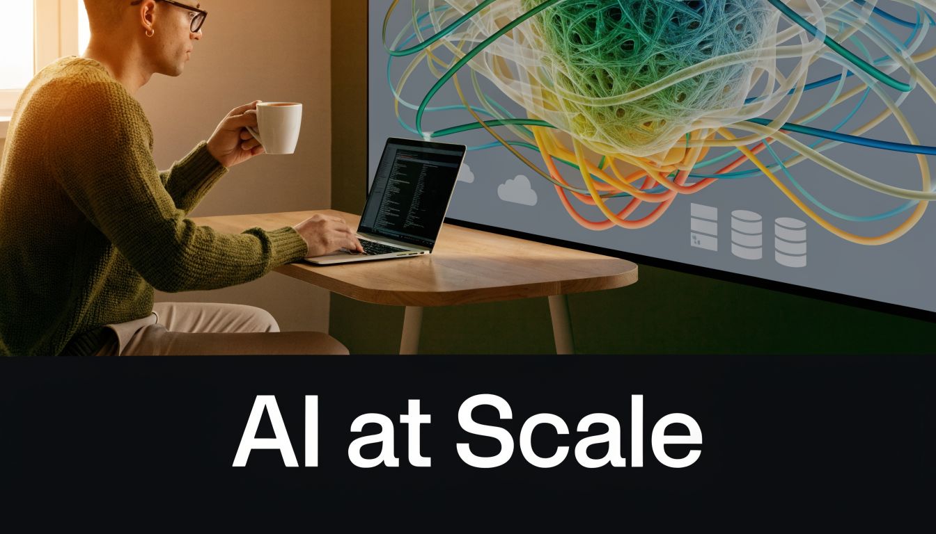 A professional developer sitting at a desk with a laptop, looking at a large screen displaying abstract data.