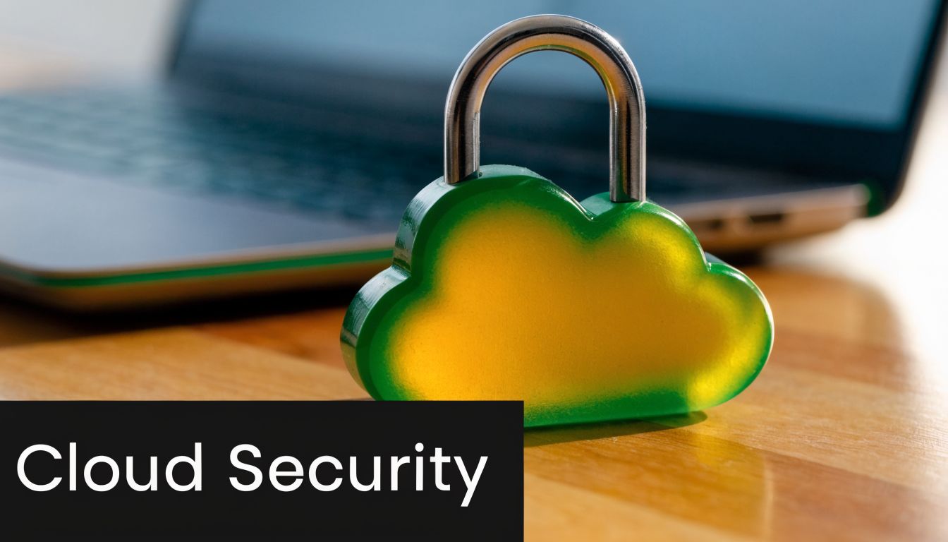 A conceptual image of a green cloud shaped padlock sitting on a wooden desk near a laptop.