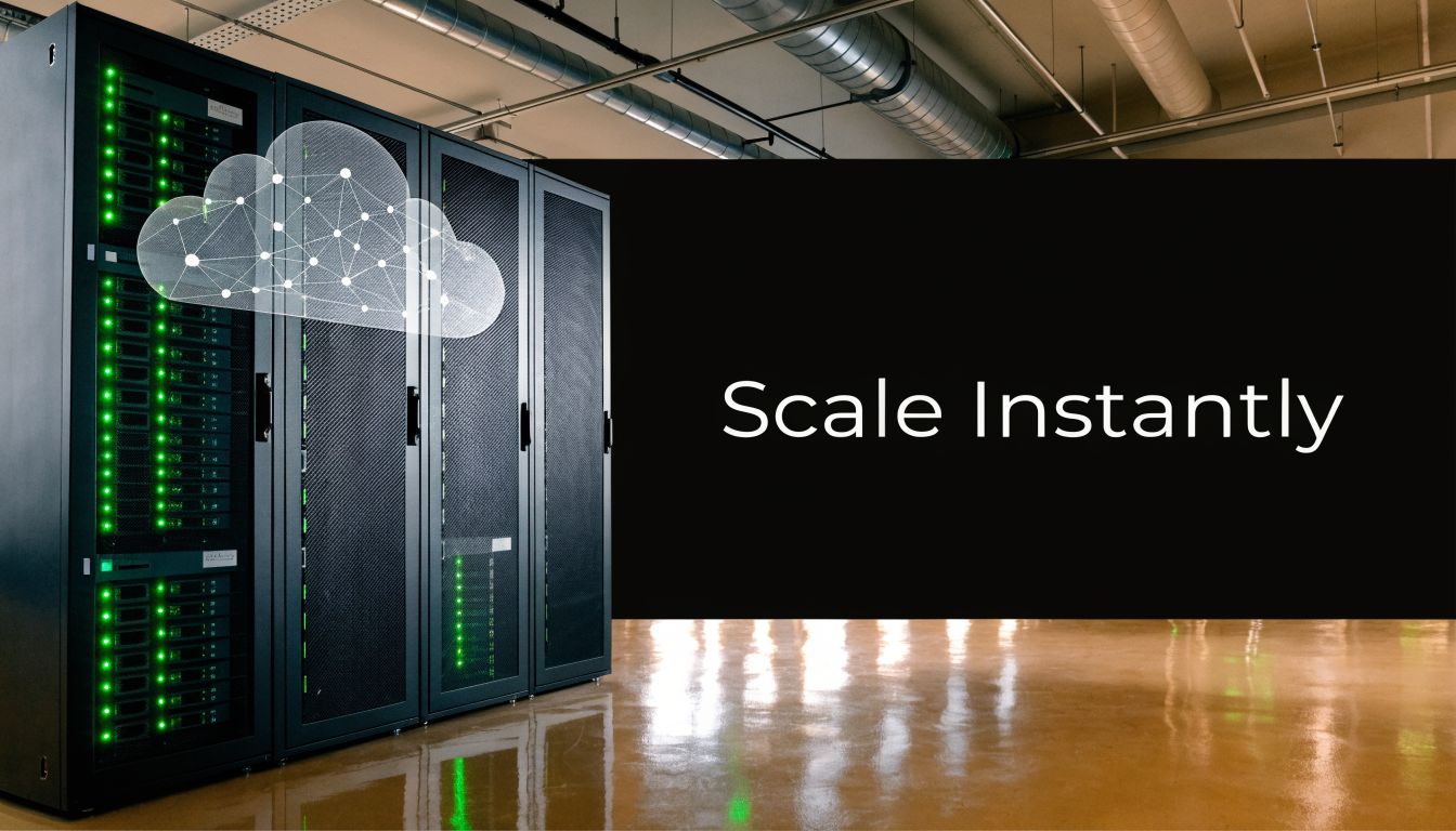 Server room with black rack cabinets featuring green indicator lights and a digital cloud network graphic.