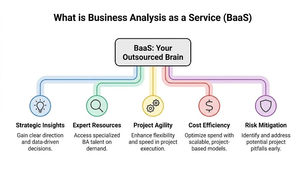 A diagram illustrating the benefits of Business Analysis as a Service, titled Your Outsourced Brain.