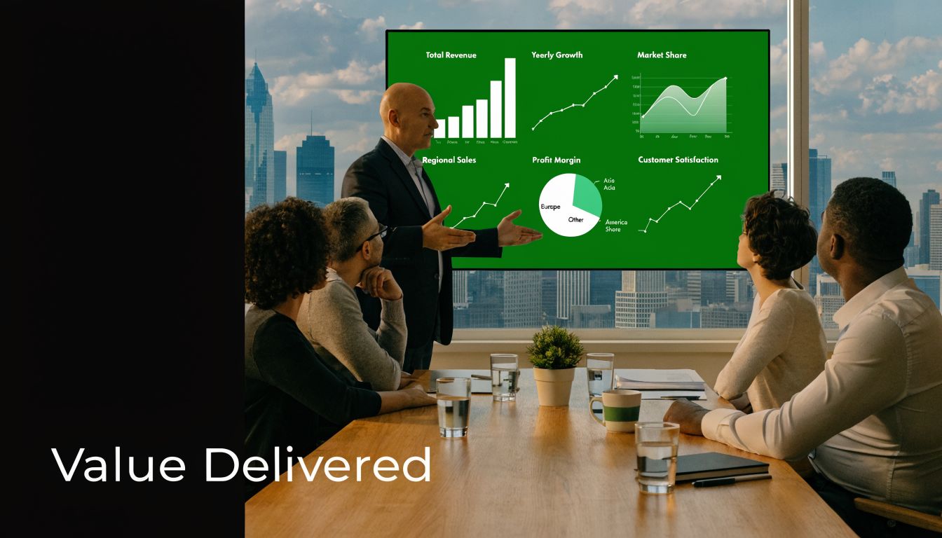 A professional business meeting where a man presents corporate growth charts and analytics on a large screen.
