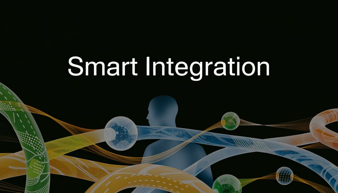 A conceptual graphic illustrating smart integration with digital lines and abstract human silhouettes against a dark background.