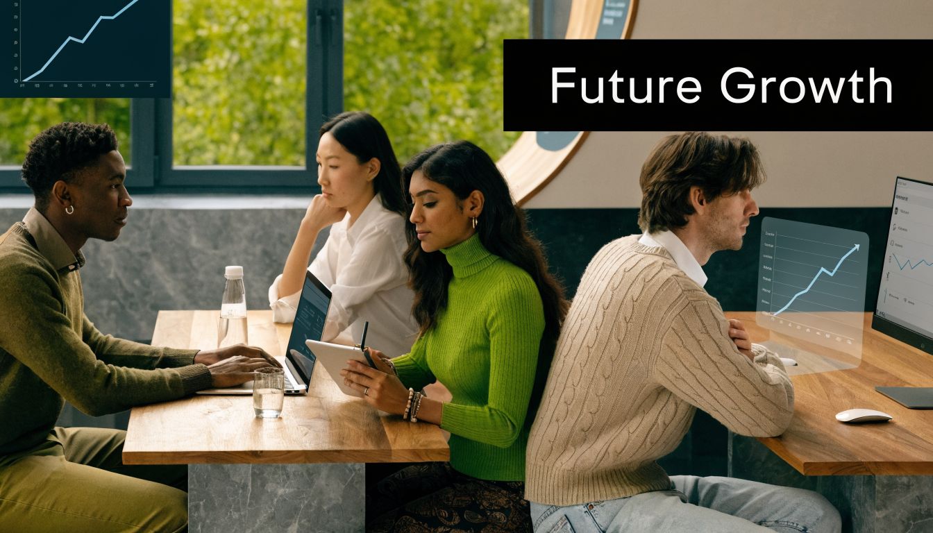 A diverse group of professionals working together at a table with digital growth charts and data visualization.