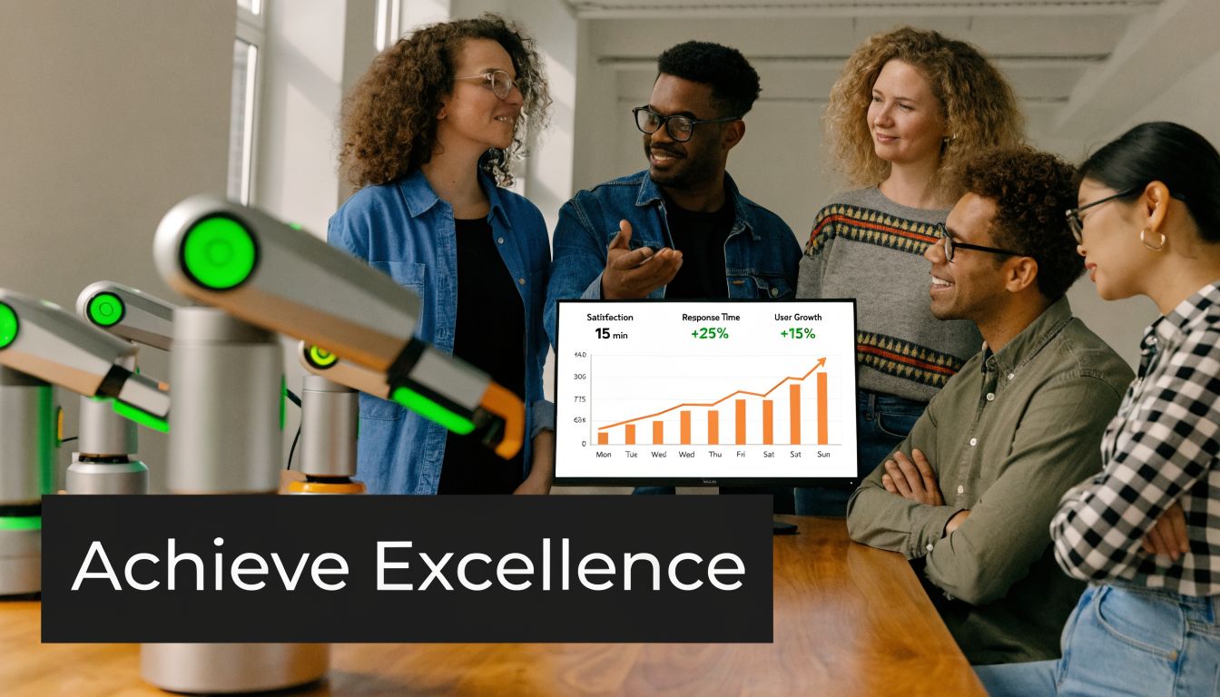 A diverse team of professionals collaborating in an office with robotic arms and business analytics screens.