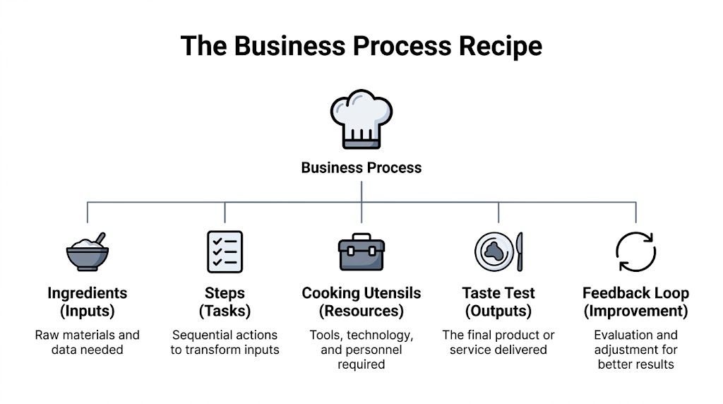 A diagram illustrating the business process recipe concept with steps like inputs, tasks, resources, outputs, and feedback.
