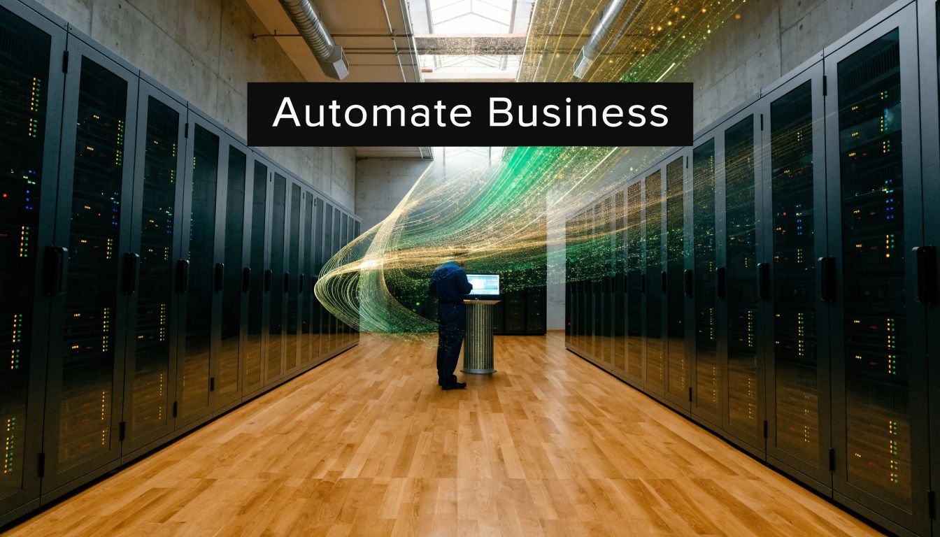 A data center technician monitors server systems surrounded by abstract digital data streams symbolizing automated business processes.