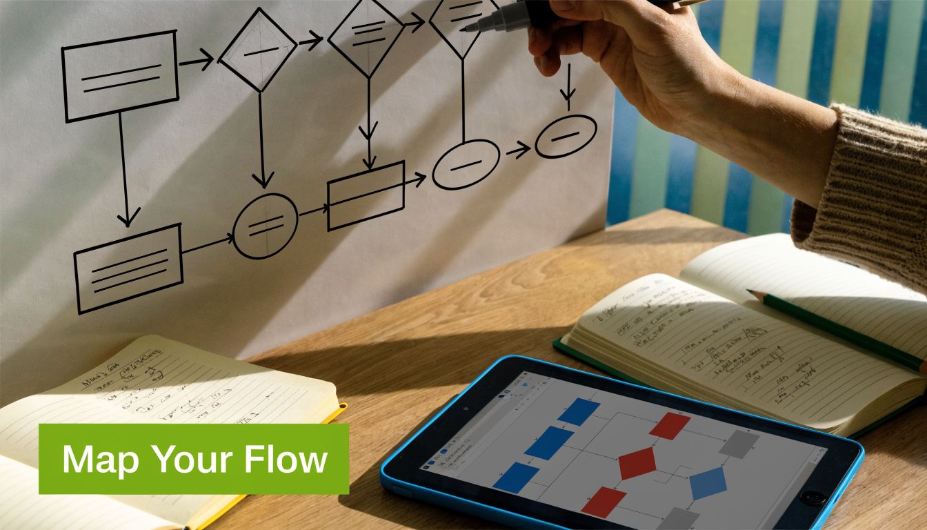 A person drawing a business flowchart on a whiteboard while working at a desk with notebooks.