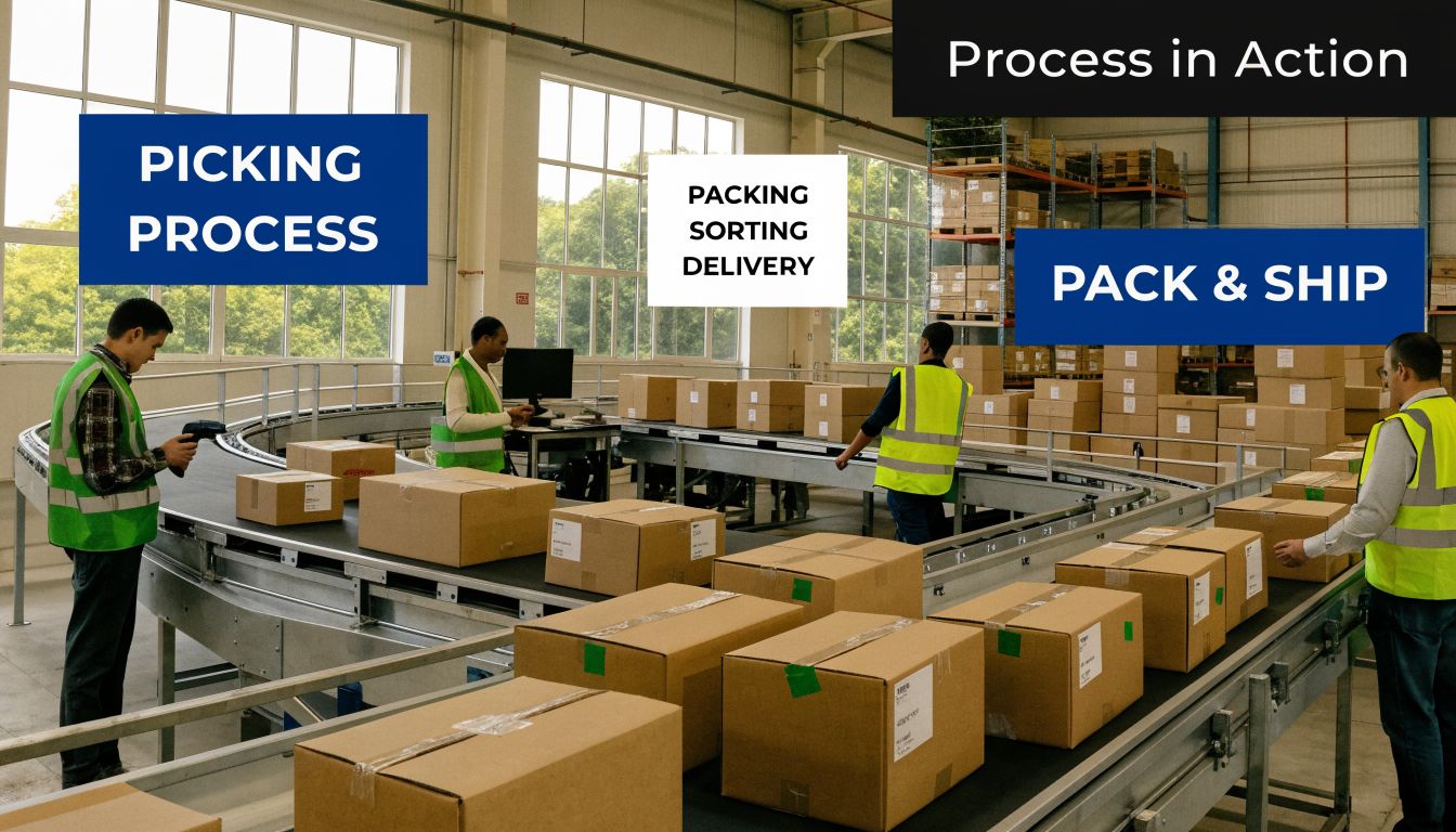 Warehouse workers in safety vests processing and sorting cardboard boxes on a conveyor belt in a facility.