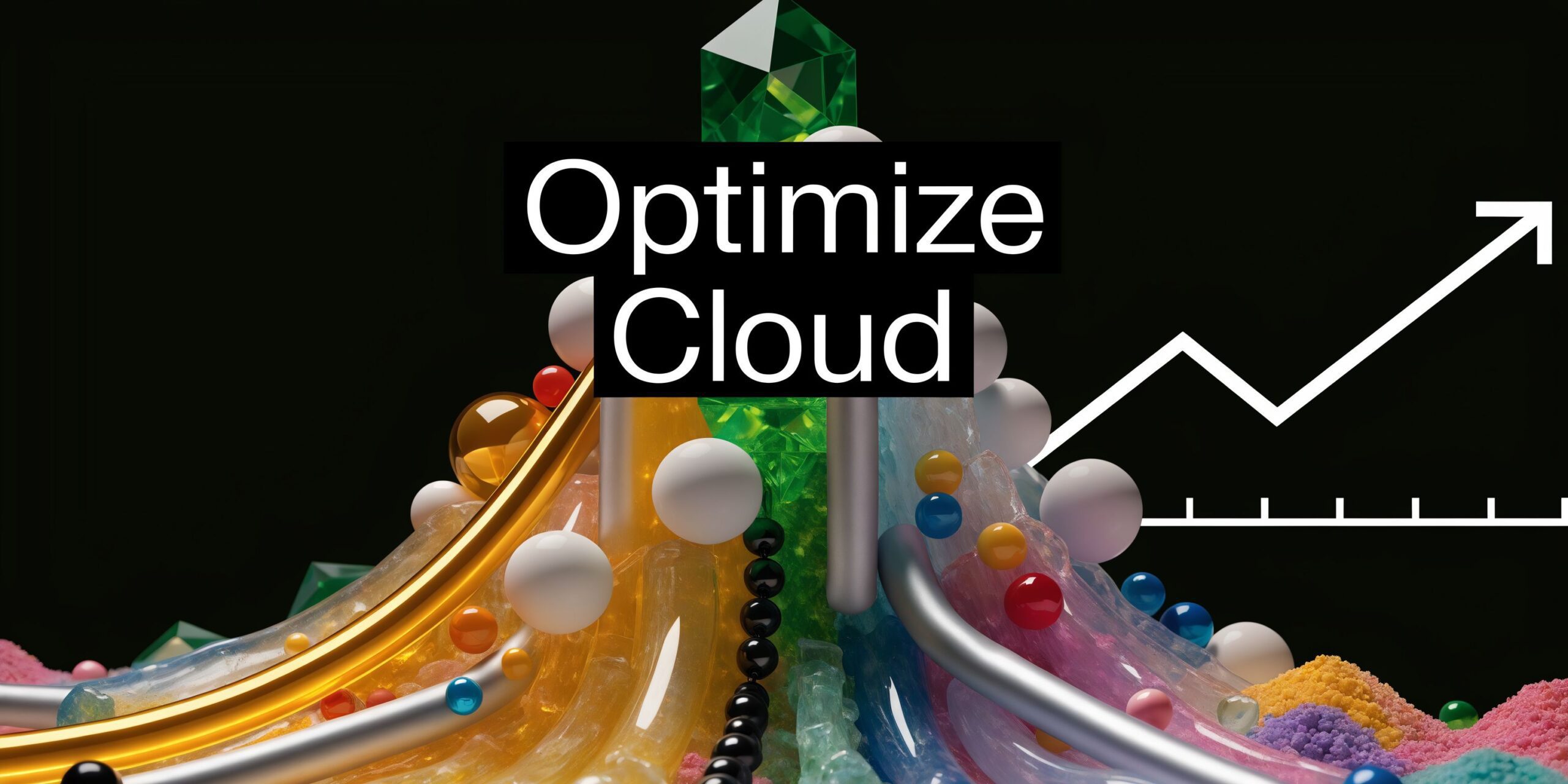 A conceptual 3D abstract graphic featuring flowing colorful shapes representing cloud technology optimization with a growth chart.