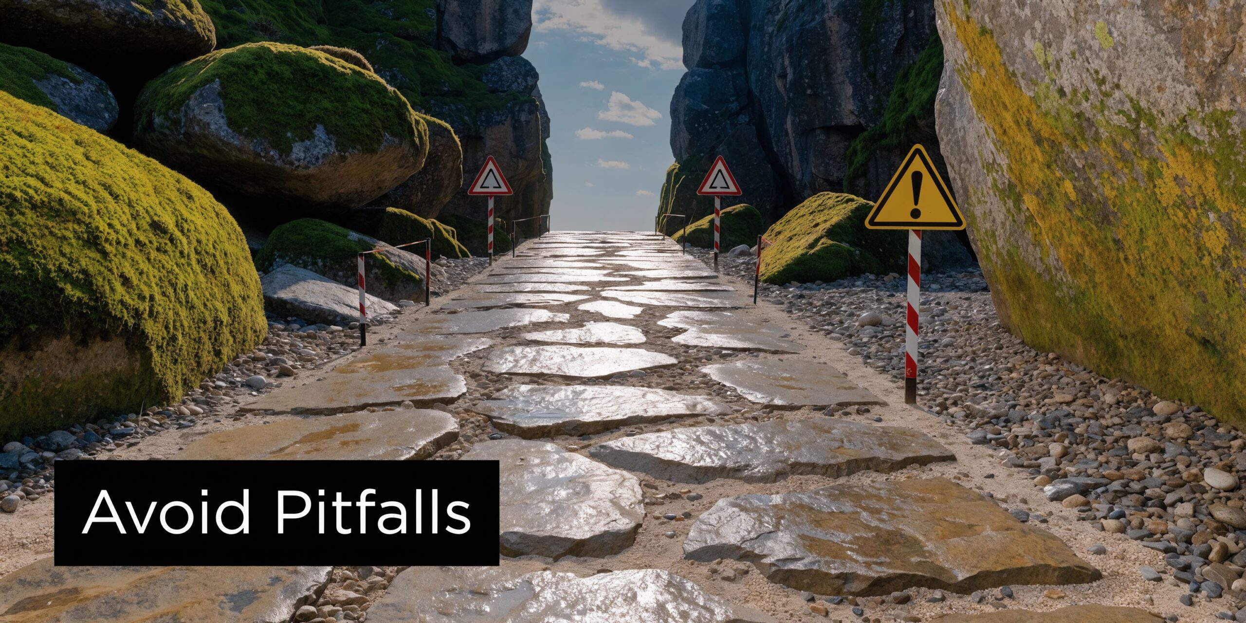 A stone path leading through a rocky mountain pass with warning signs, representing potential business pitfalls.