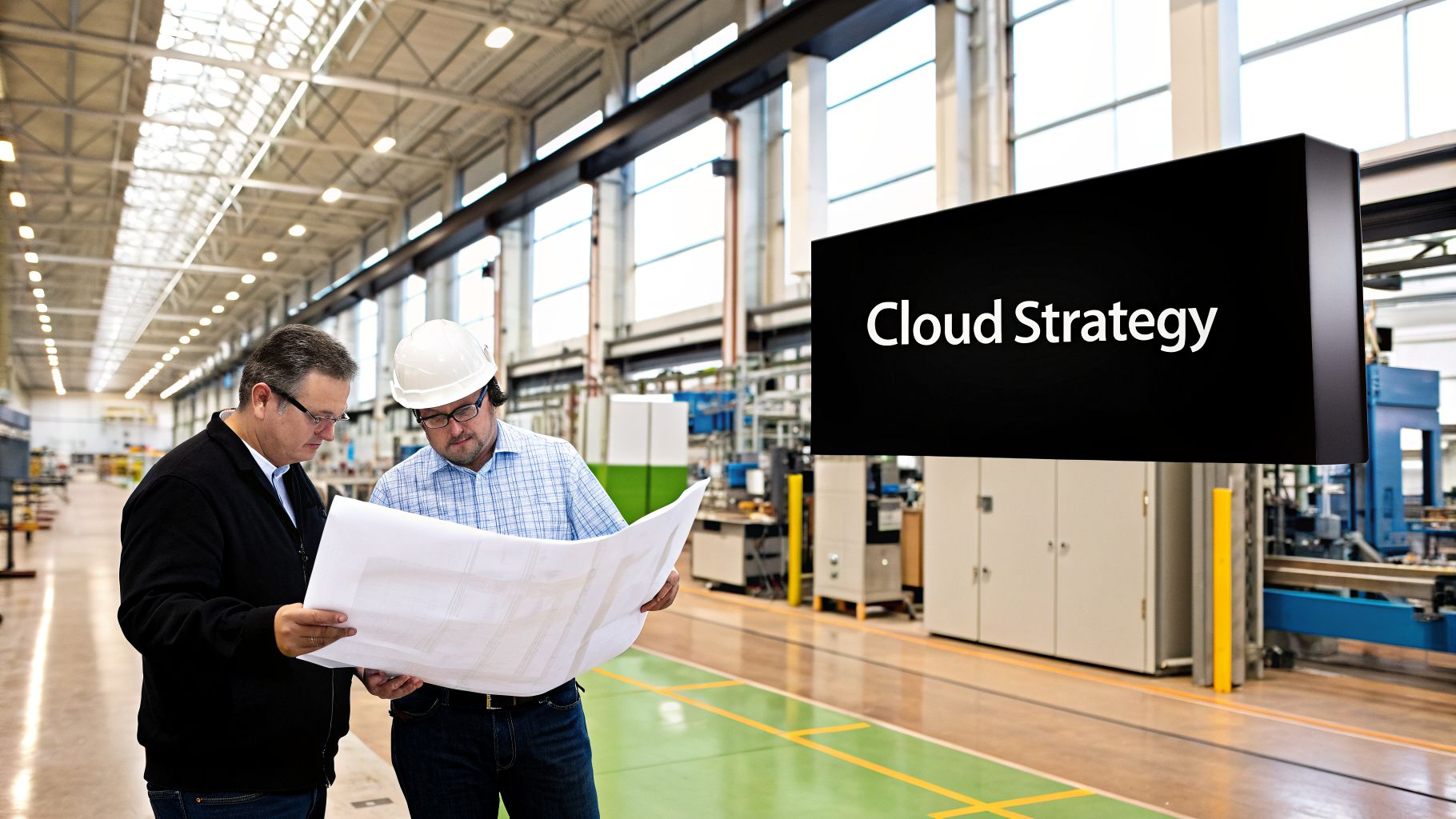 Two engineers review blueprints in a factory setting, with a 'Cloud Strategy' display visible.