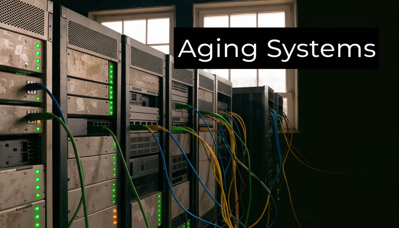 A row of old server racks with blinking green lights and messy network cables in a dark room.
