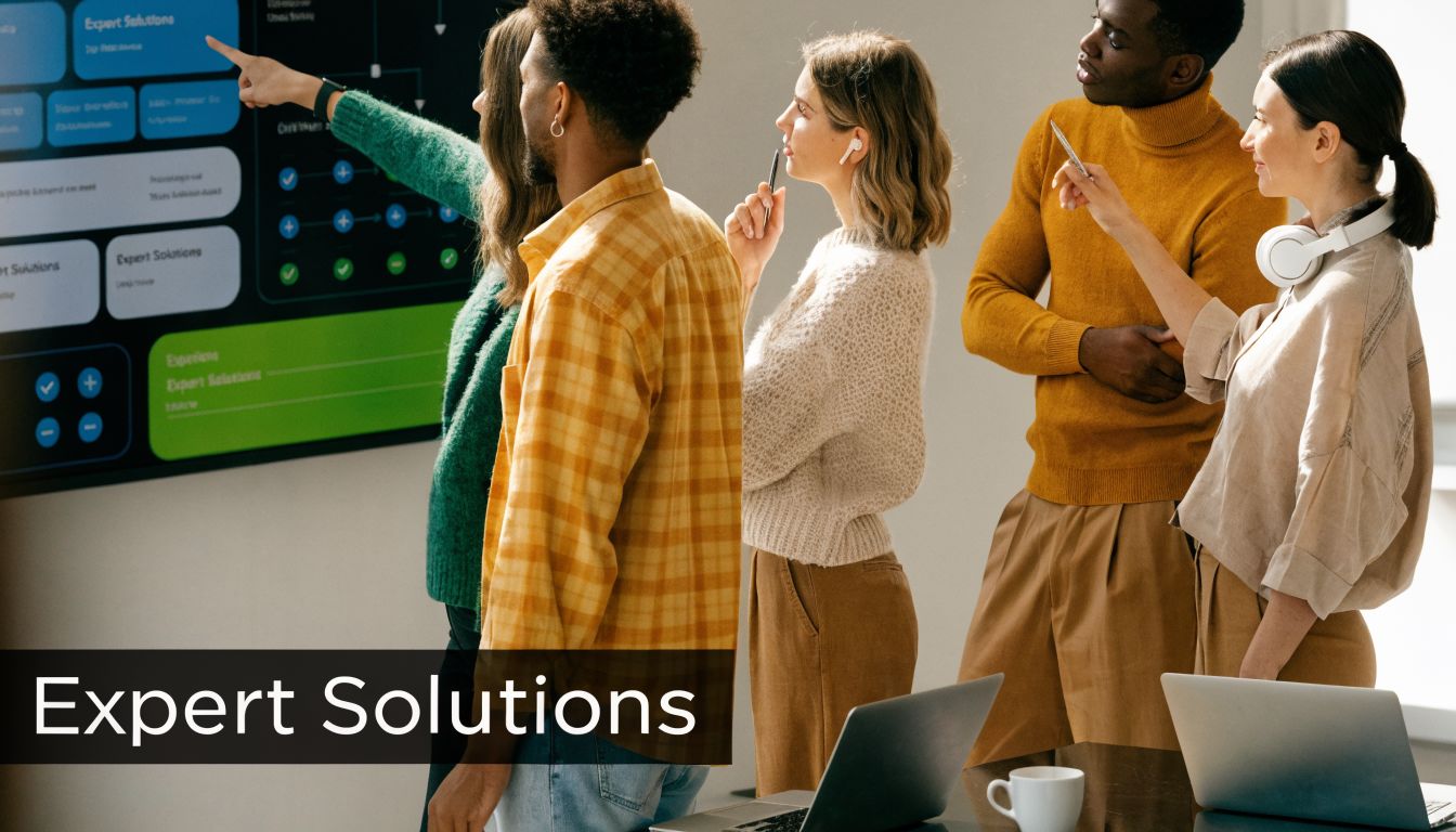 A diverse team of professionals collaboratively brainstorming ideas in front of a digital screen displaying workflow charts.