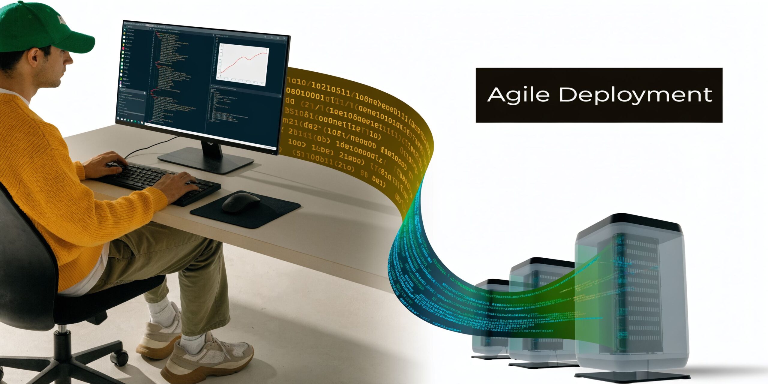 A developer sits at a desk coding on a computer with digital data flowing towards server towers.