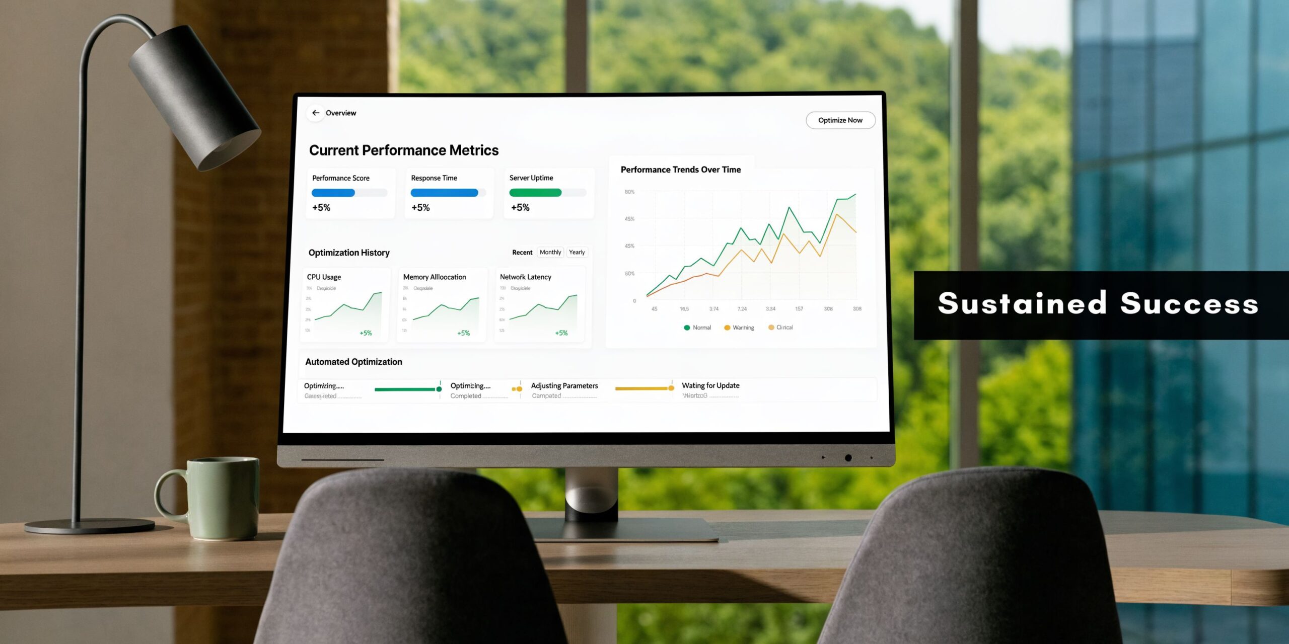 A modern computer monitor displays a comprehensive dashboard with performance metrics, graphs, and system optimization updates.