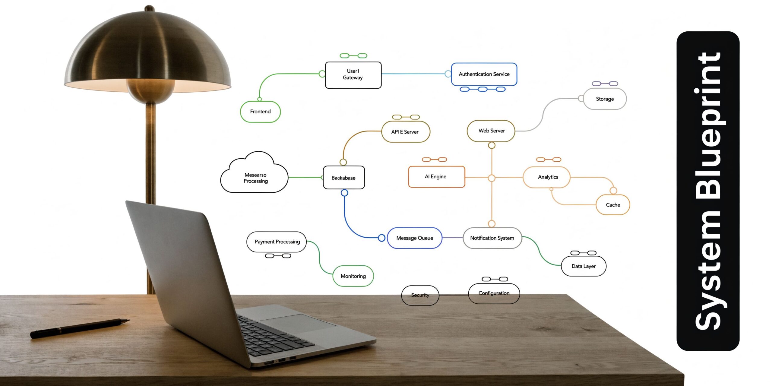 A modern laptop on a wooden desk next to a conceptual system blueprint architecture diagram.