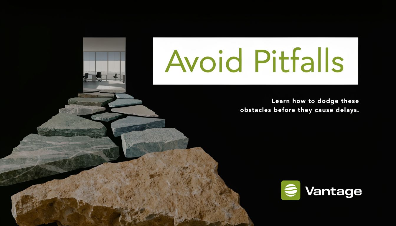 A stepping stone path leading to a bright office doorway representing avoiding business obstacles and project delays.