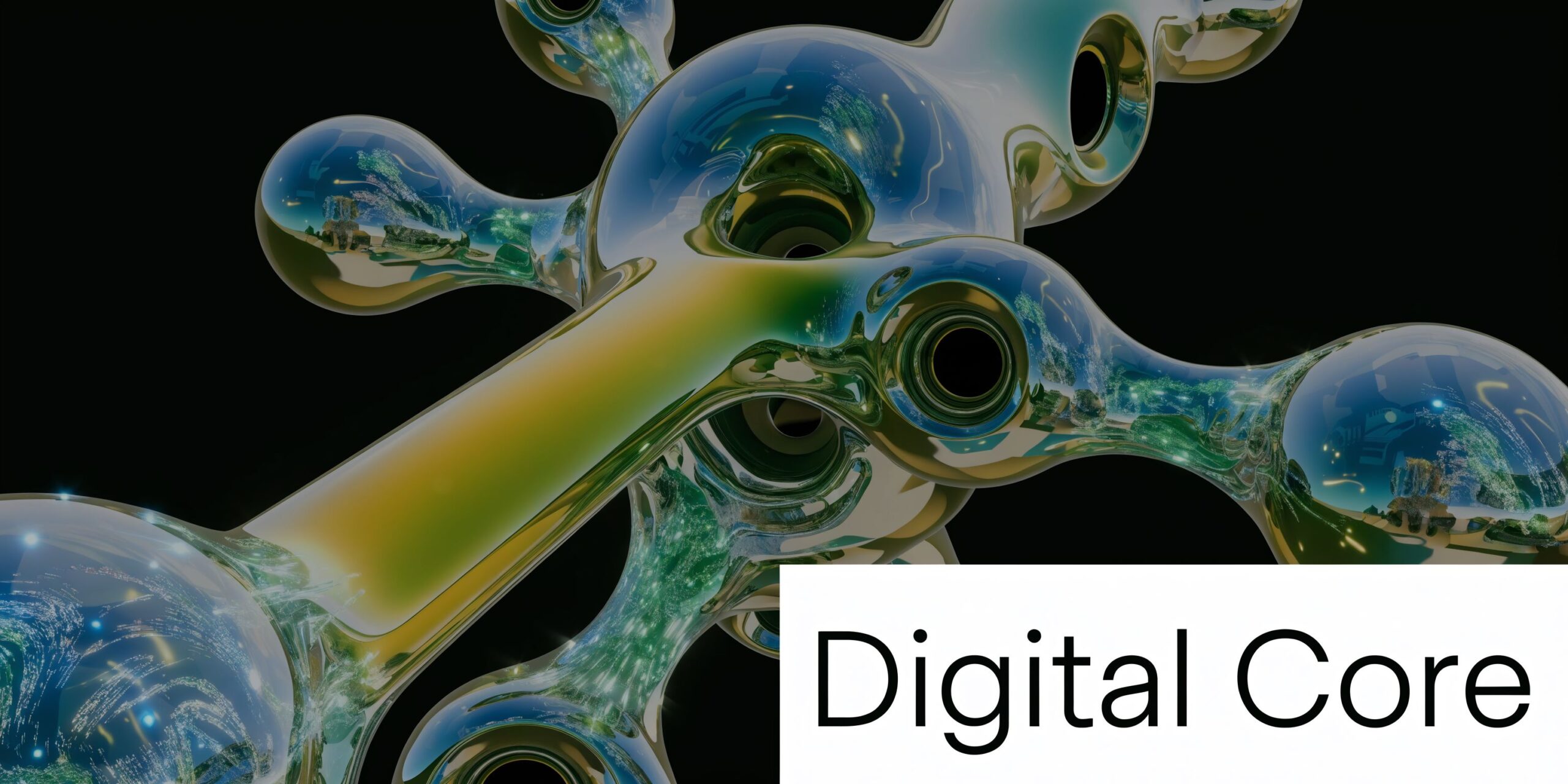 A complex 3D digital structure with a metallic and glassy finish against a dark black background.