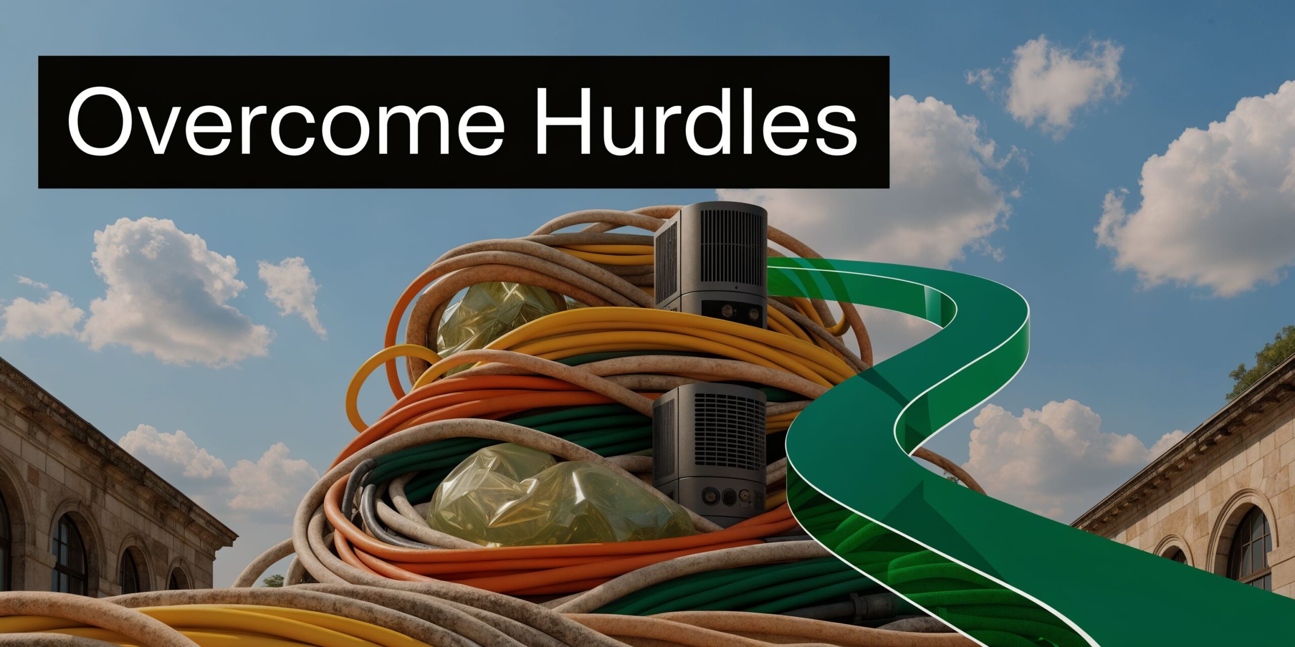 A conceptual graphic illustrating digital transformation with tangled cables and a sleek path leading through hurdles.