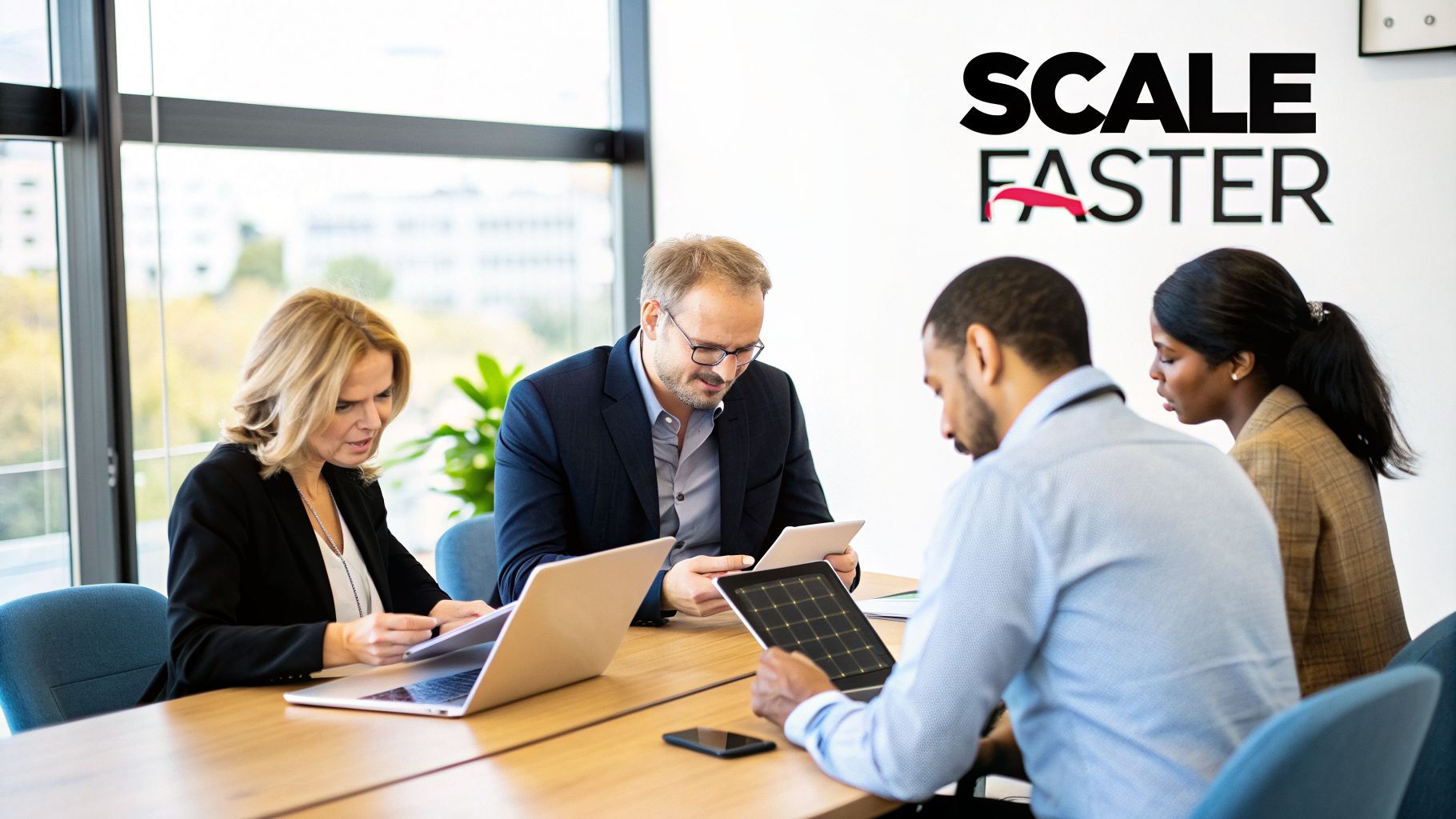 Diverse business team collaborating in a modern meeting room, focused on laptops and tablets.
