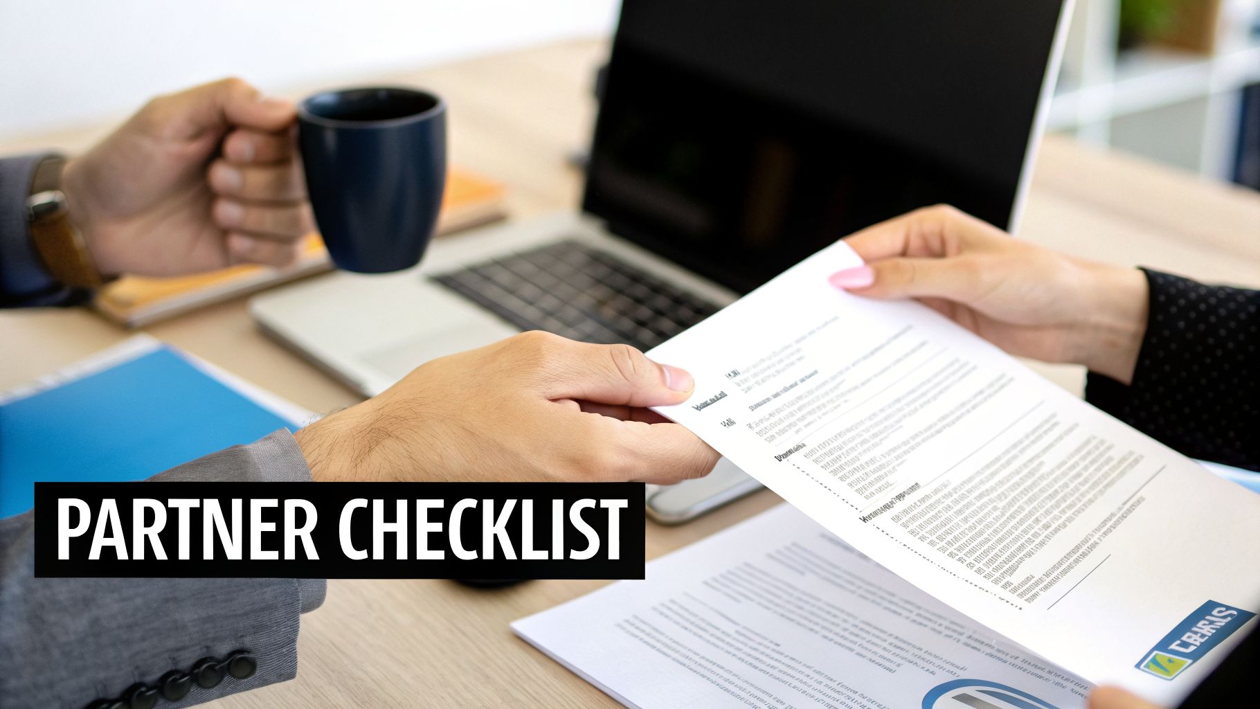 Two business partners collaborating on a 'Partner Checklist' document at a desk.