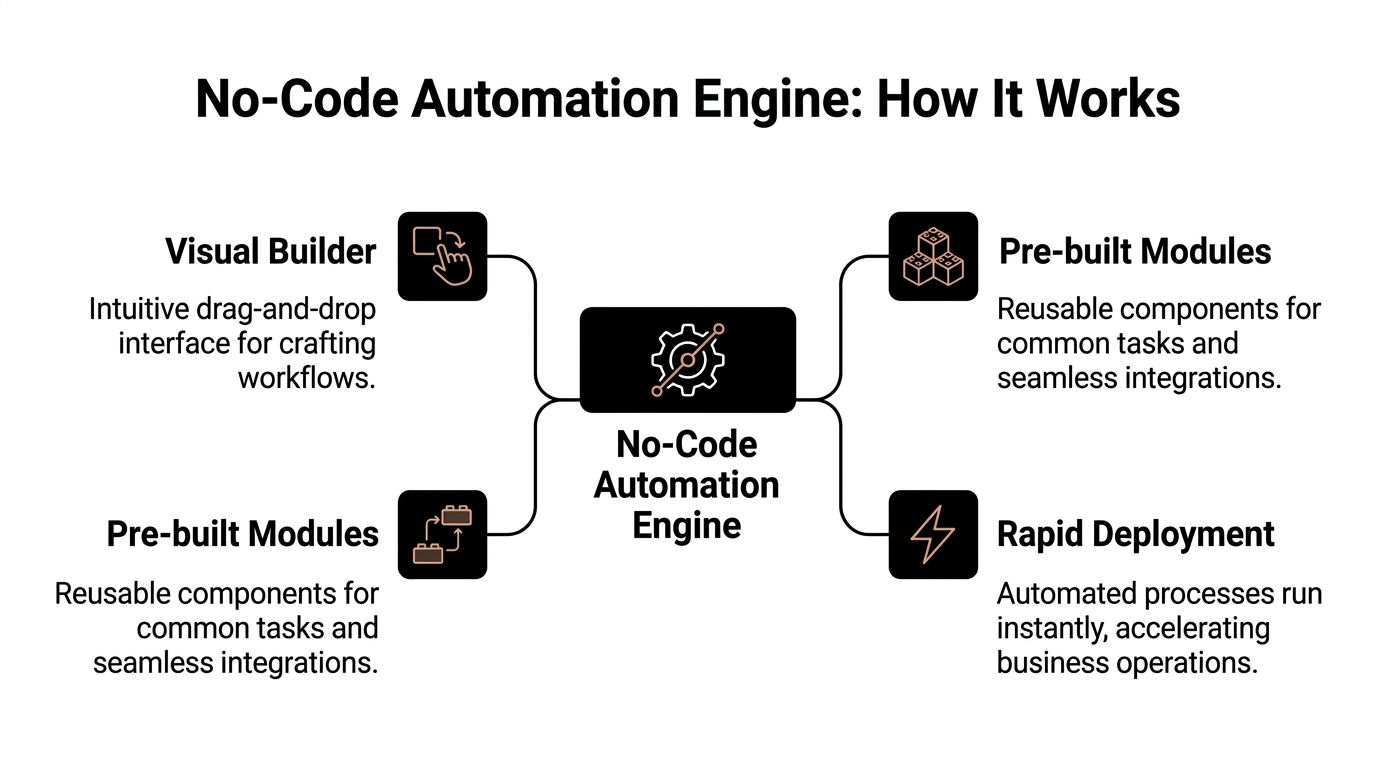 A diagram illustrating the core features of a no-code automation engine platform for building workflows.