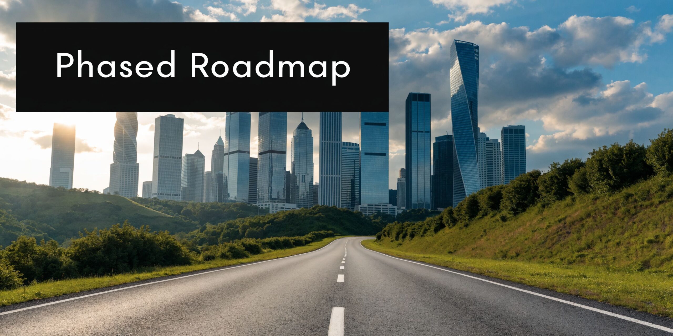 A modern road leading towards a distant city skyline under a bright, partly cloudy sky.