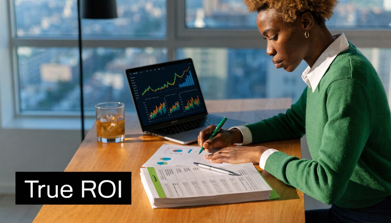A professional woman in a green sweater working on financial data analysis at her office desk.