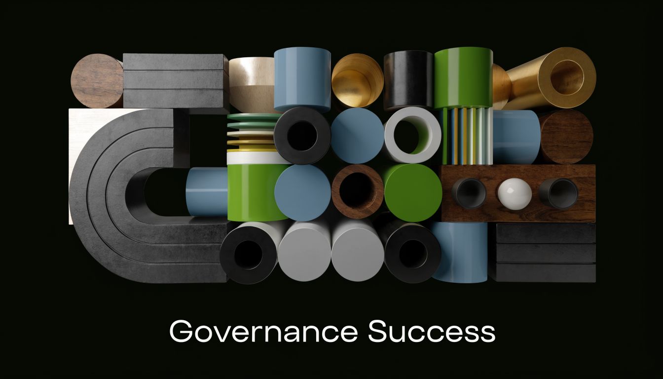 A 3D abstract composition of various colorful geometric shapes on a black background under text Governance Success.
