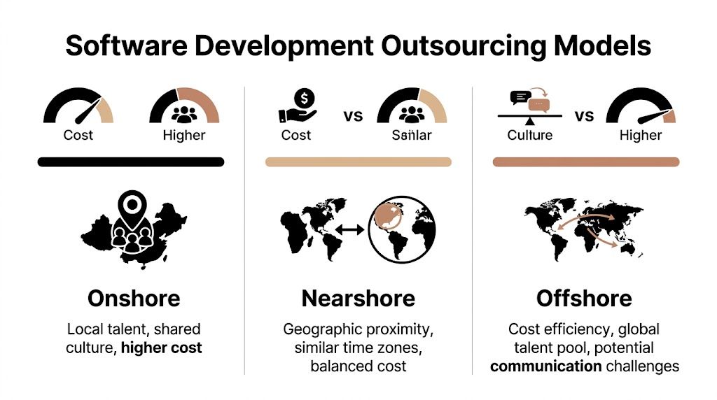 A diagram comparing Onshore, Nearshore, and Offshore software development outsourcing models based on cost, culture, and communication.