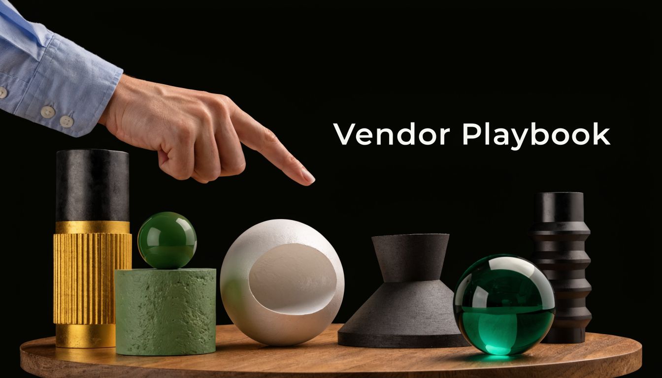 A hand pointing at various geometric shapes on a wooden table, representing the Vendor Playbook concept.