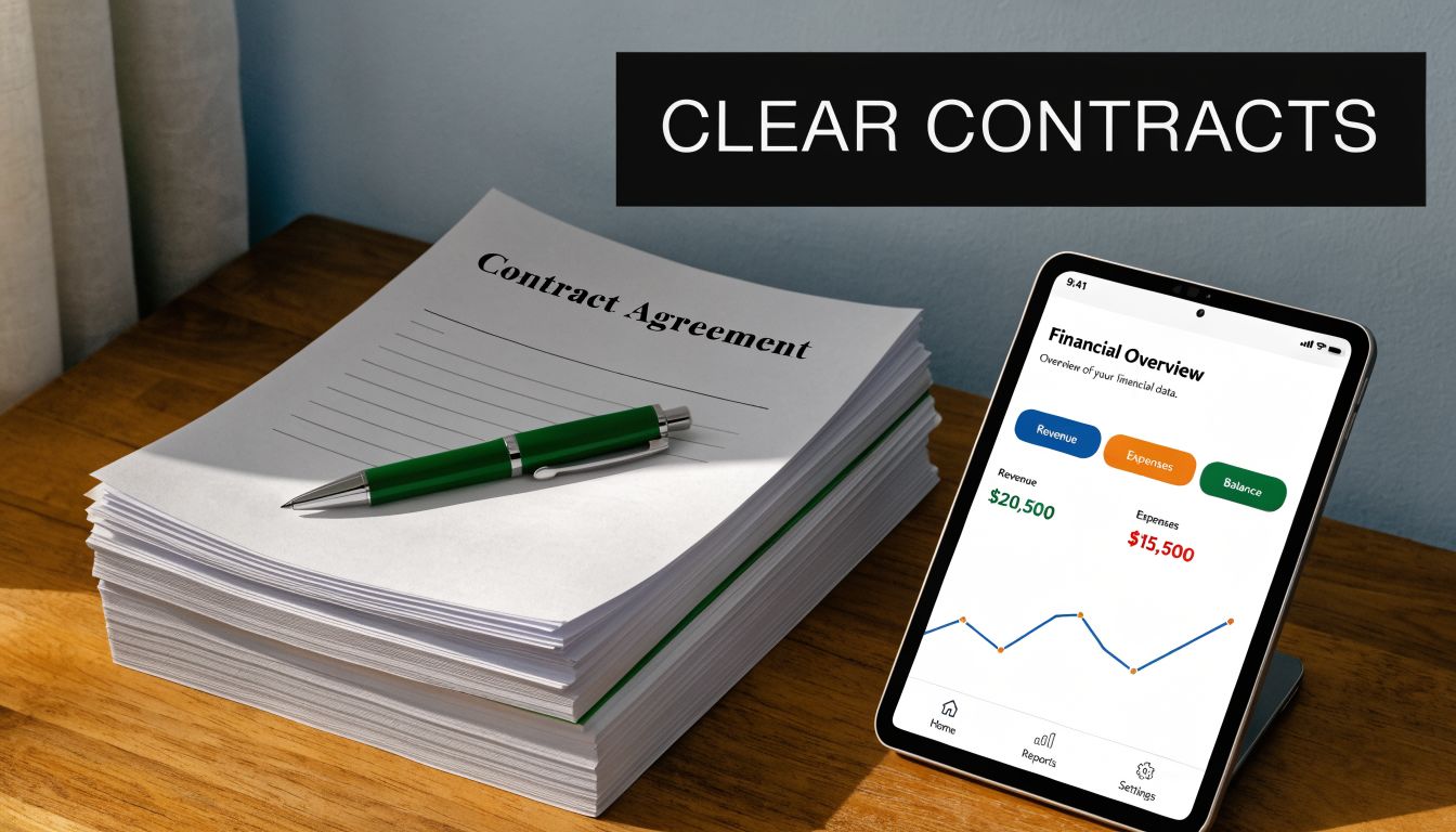 A stack of contract agreements with a pen next to a digital tablet displaying financial data.