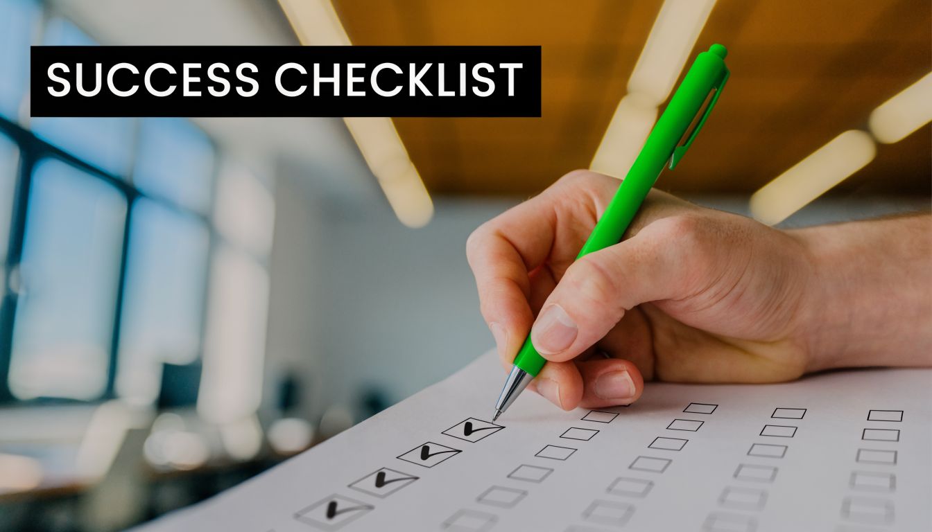 A hand holding a green pen filling out a success checklist on a white piece of paper.